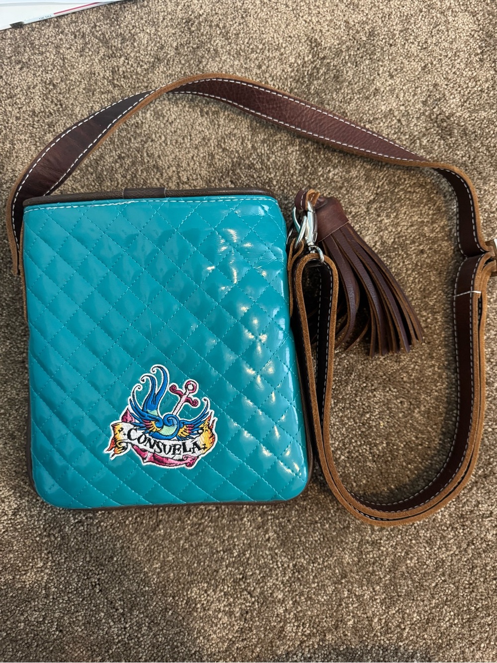 Consuela Turquoise Quilted Crossbody with Brown Strap & Tassel